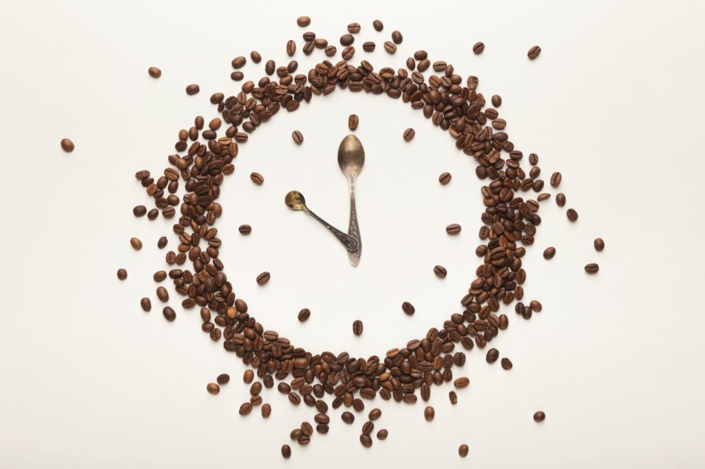 Background with drawn clock, coffee break time