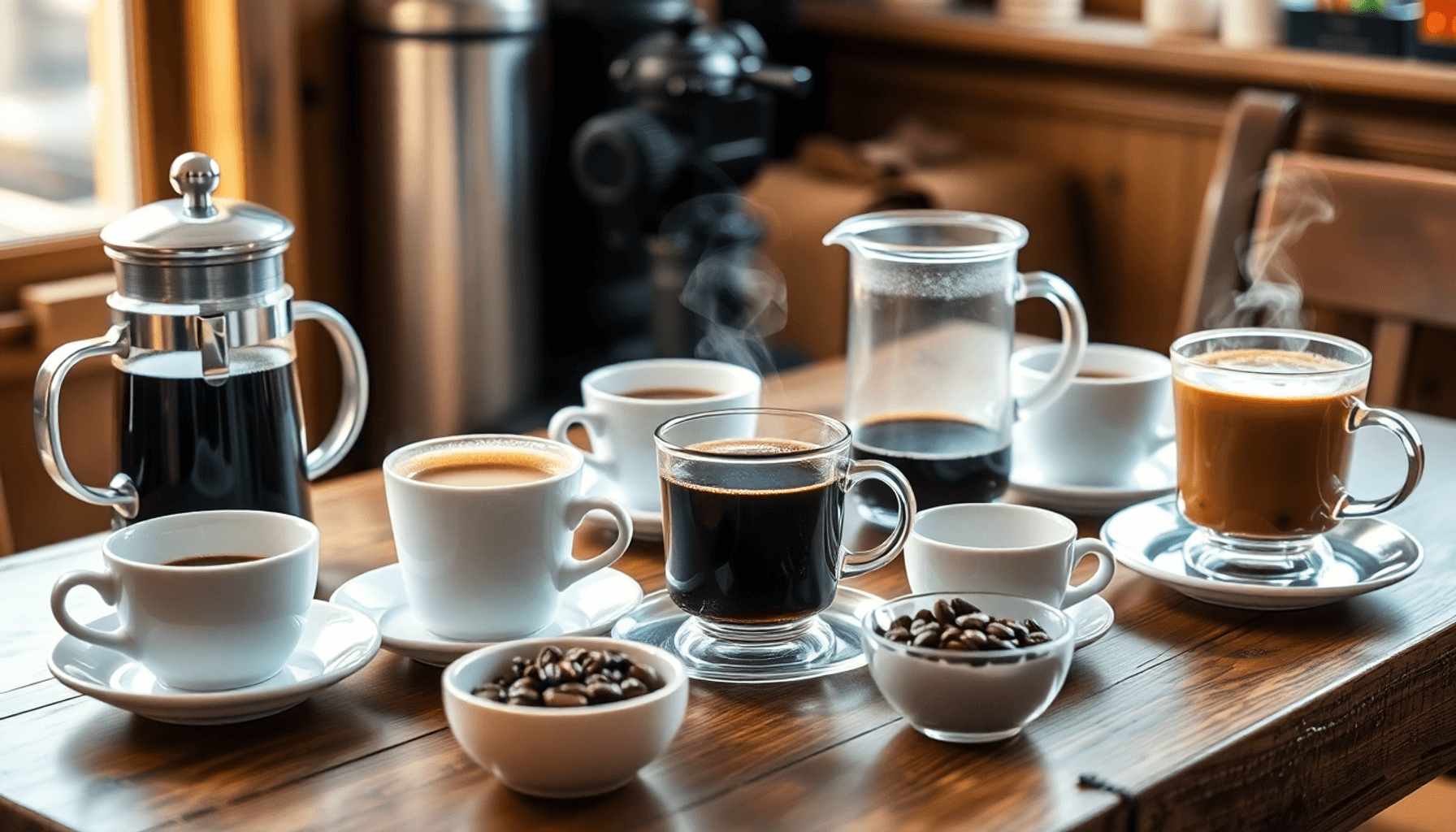 Cozy coffee tasting setup on a rustic wooden table with elegant cups, steaming carafes, coffee beans, French press, and drip coffee maker in soft n...